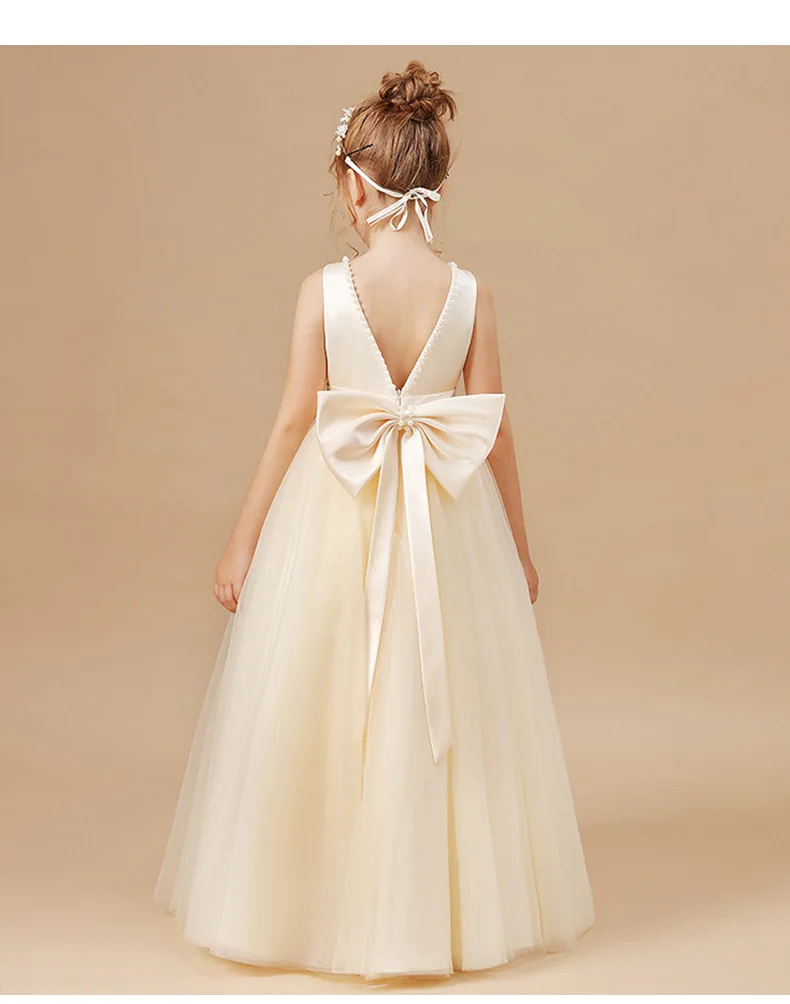 Girls' Premium Princess Dress with Oversized Bow – Full Tulle Flower Girl & Recital Gown for Piano Performances