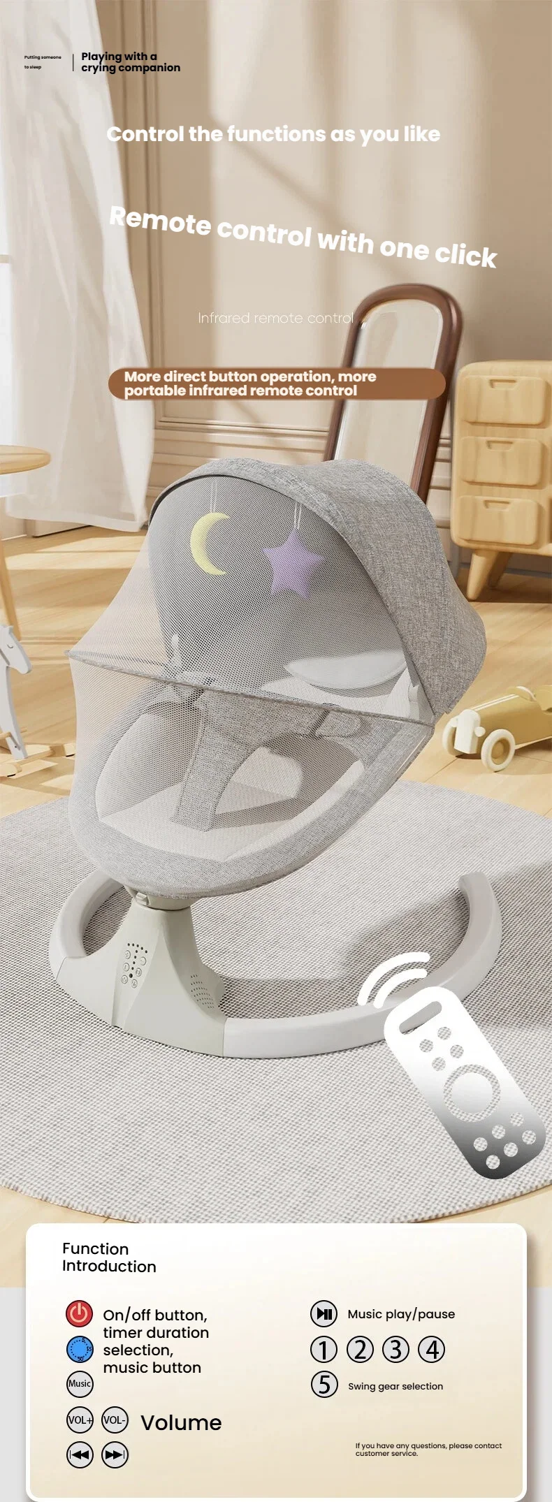Electric Baby Swing with Five Sway Speeds Bluetooth Music Remote Control and Three Timer Modes Baby Swing for Infants with Breathable Cushion Mosquito Net Baby Rocker Chair for Newborn Nursery Indoor Outdoor Baby Gift