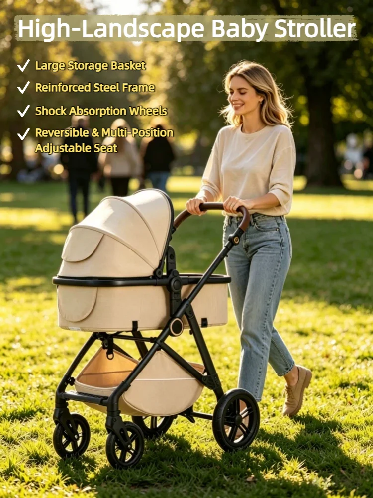 High Landscape Baby Stroller 2-in-1 Convertible Pram Infant Carriage Shock Absorbing Wheels Adjustable Handle Sturdy Durable