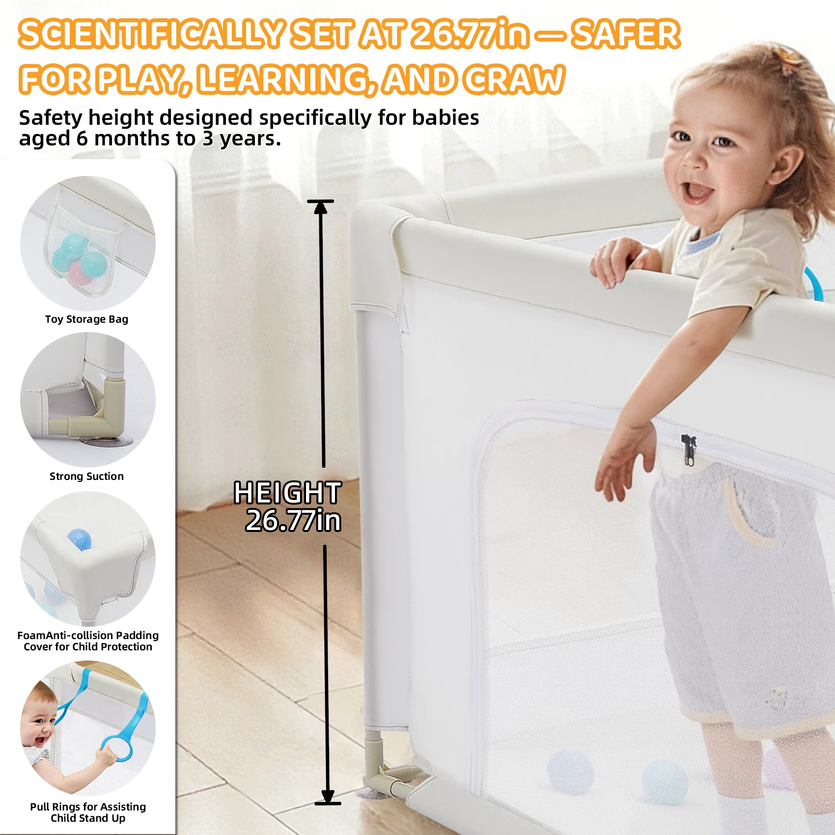 Gray Baby Playpen for Infants & Toddlers, Indoor & Outdoor Kids Activity Center Play Yard, Skin-Friendly Cushioned Play Fence with Soft Breathable Mesh, Anti-Bump Safe Play Pen, Portable Indoor/Outdoor Playpen, The Best Gift for a Baby.