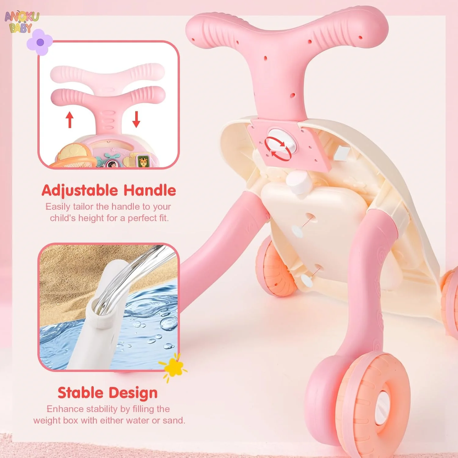 3 in 1 Baby Walker with Music Panel Adjustable Height Push Walker for Babies Multifunctional Children's Walker for Infants 6-36 Months Cute Elephant Baby Push Toy with Non-Slip Handle & Weighted Water Tank Design