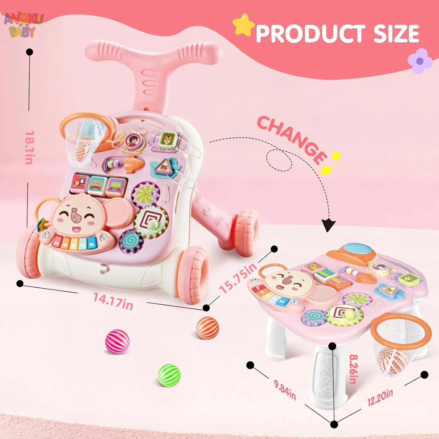 3 in 1 Baby Walker with Music Panel Adjustable Height Push Walker for Babies Multifunctional Children's Walker for Infants 6-36 Months Cute Elephant Baby Push Toy with Non-Slip Handle & Weighted Water Tank Design
