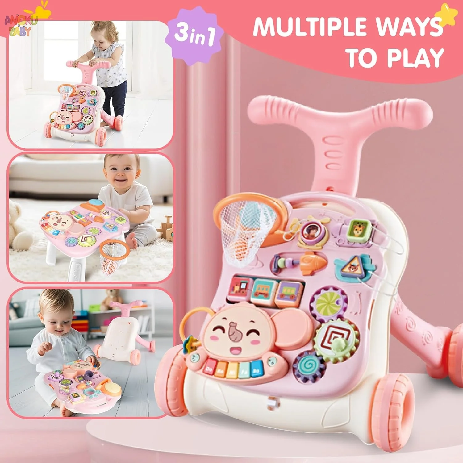 3 in 1 Baby Walker with Music Panel Adjustable Height Push Walker for Babies Multifunctional Children's Walker for Infants 6-36 Months Cute Elephant Baby Push Toy with Non-Slip Handle & Weighted Water Tank Design