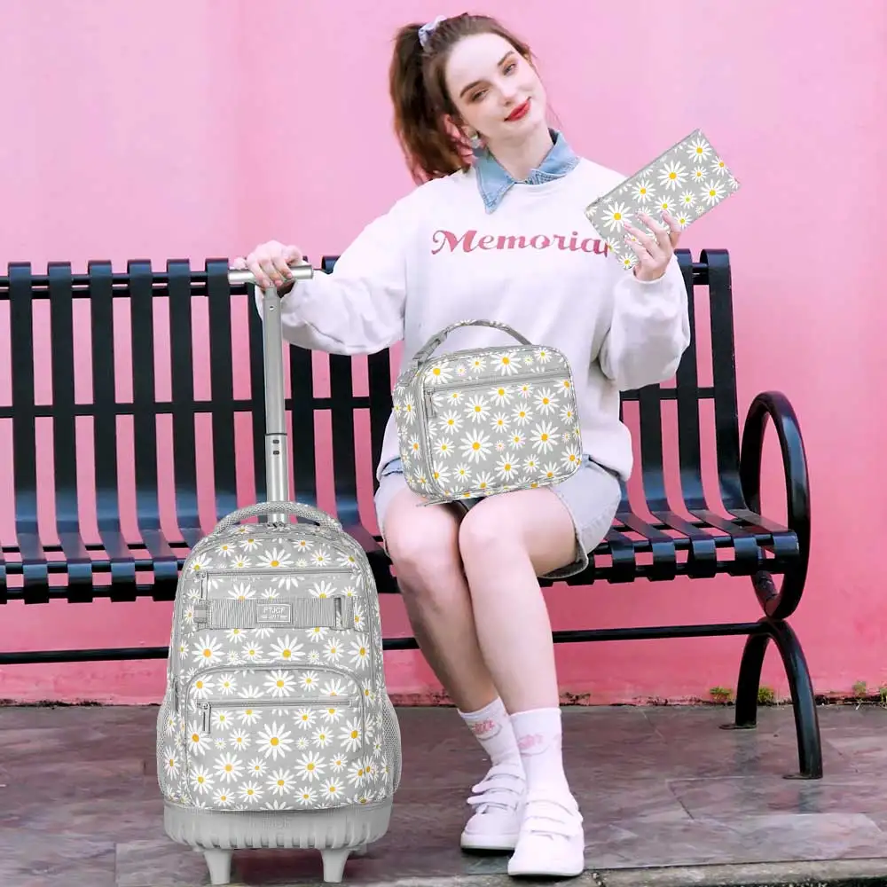 3Pcs Gray Daisy Wheeled Backpack Set Trolley School Bag with Lunch Box Pencil Case