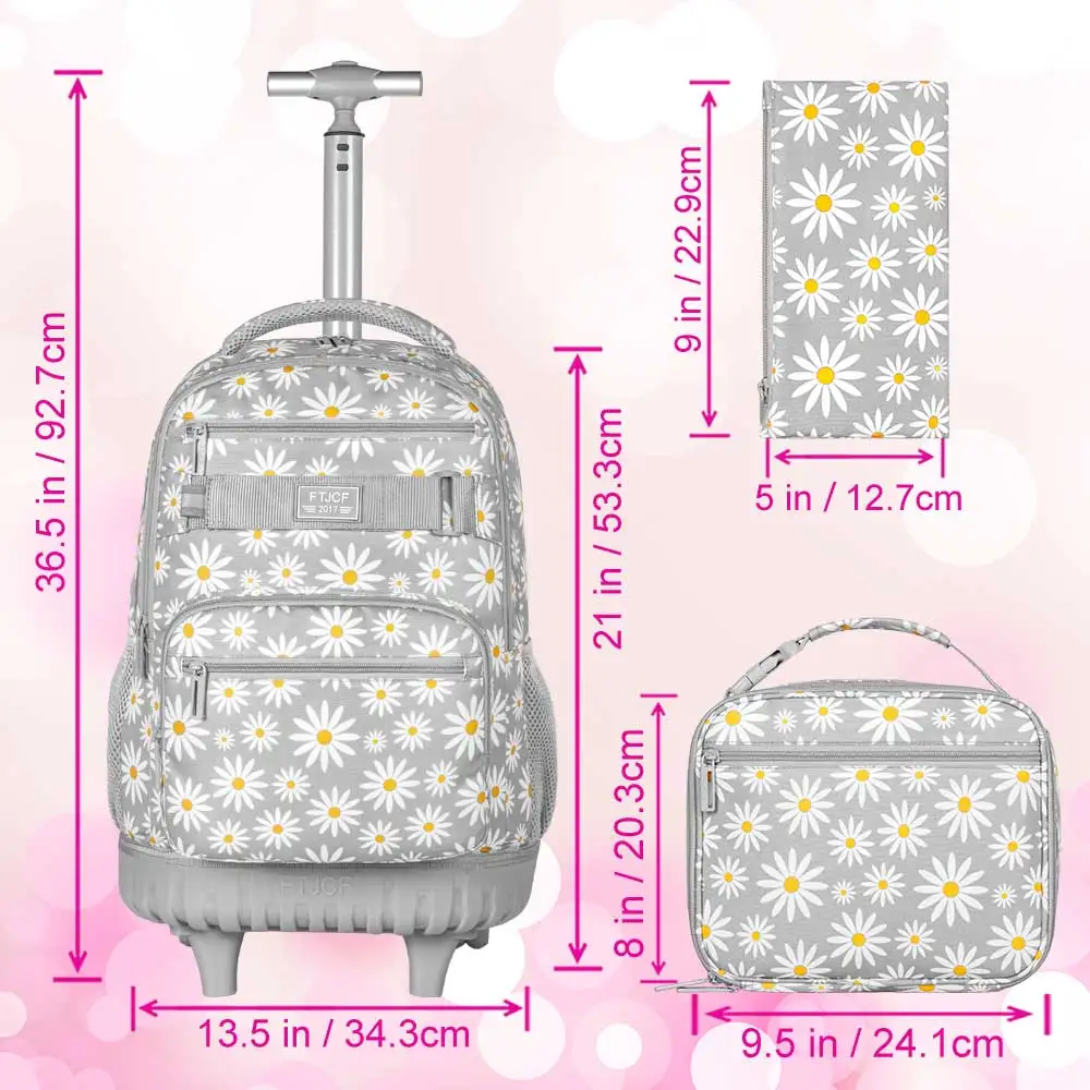 3Pcs Gray Daisy Wheeled Backpack Set Trolley School Bag with Lunch Box Pencil Case