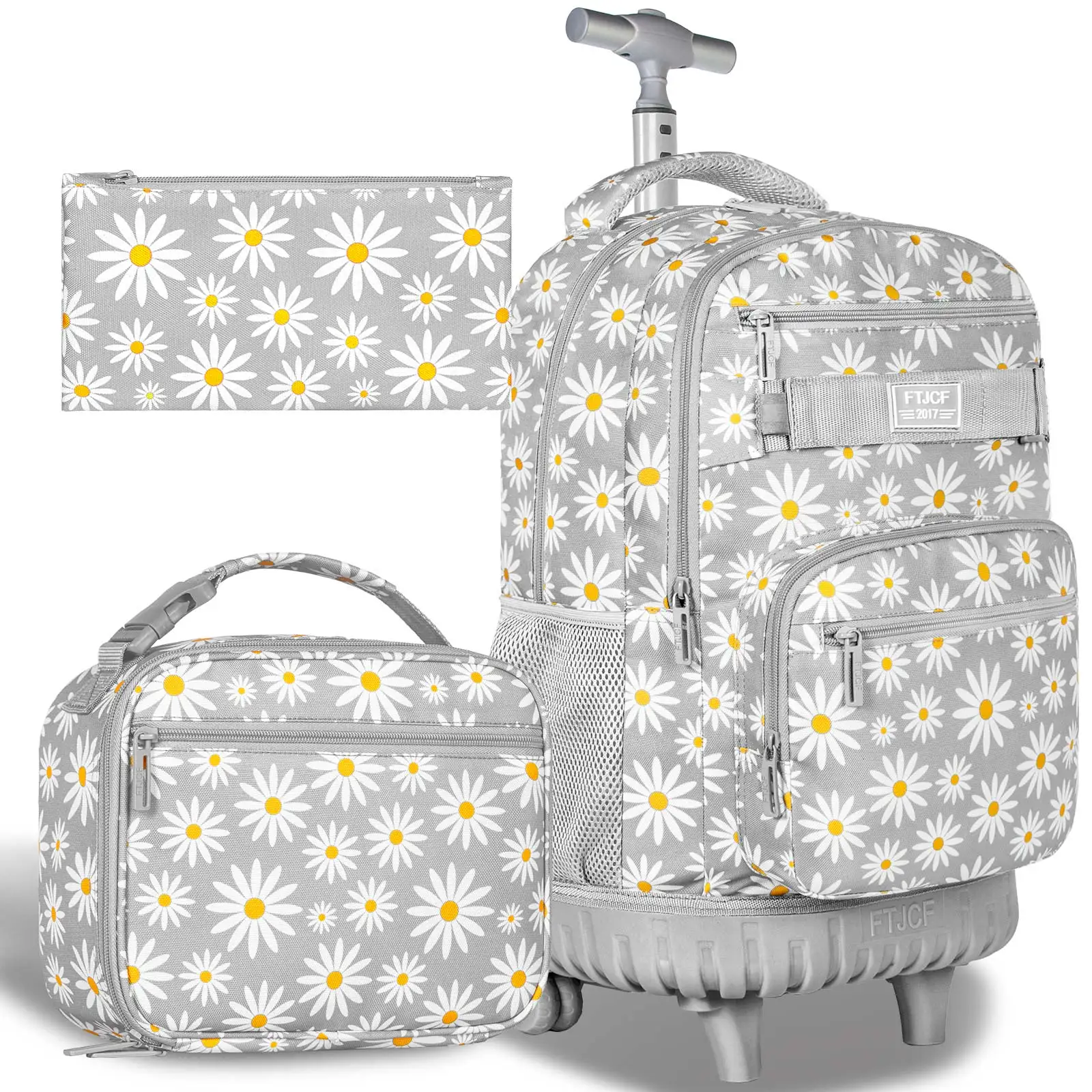 3Pcs Gray Daisy Wheeled Backpack Set Trolley School Bag with Lunch Box Pencil Case