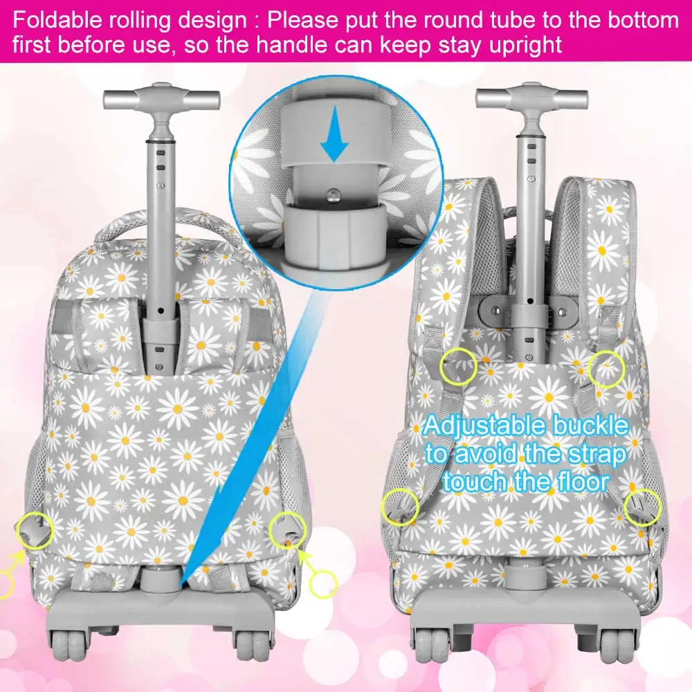 3Pcs Gray Daisy Wheeled Backpack Set Trolley School Bag with Lunch Box Pencil Case