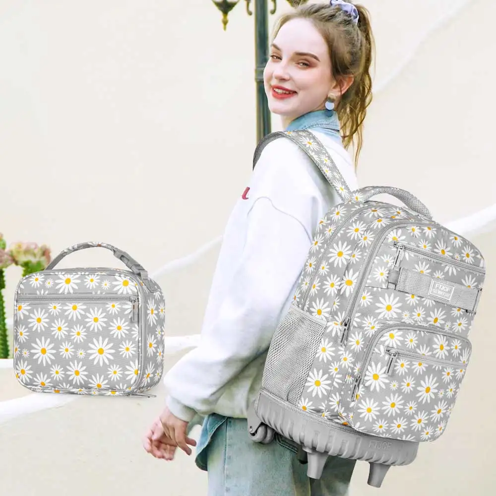3Pcs Gray Daisy Wheeled Backpack Set Trolley School Bag with Lunch Box Pencil Case