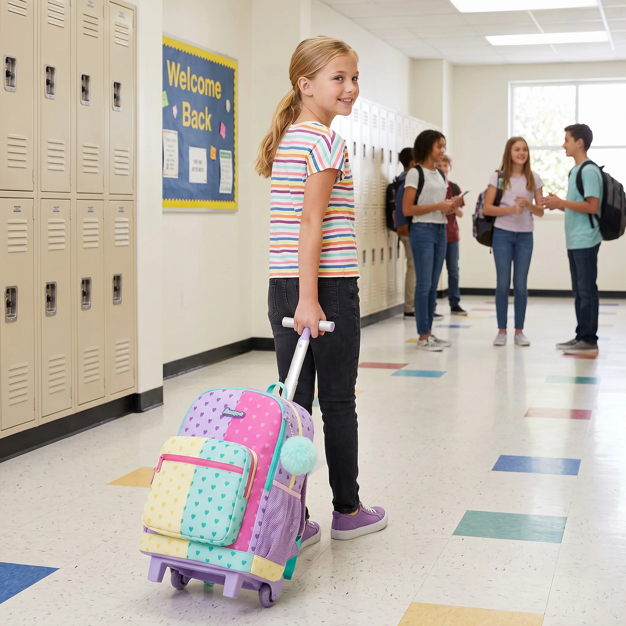 Rolling Backpack for Girls,Backpack with Wheels for Kids 8–12,Lightweight Wheeled School Backpack with Lunch Box,Cute Bookbag fo