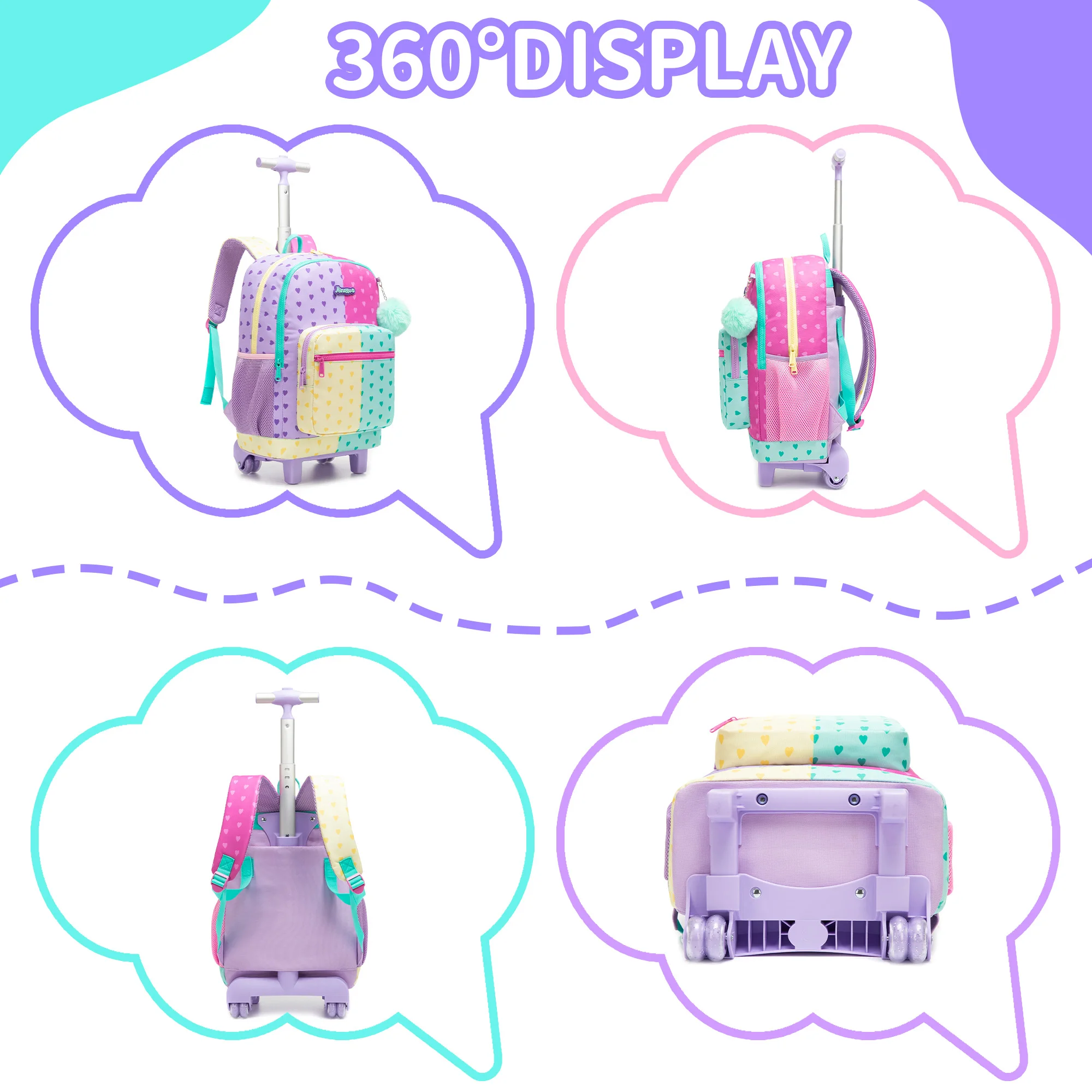 Rolling Backpack for Girls,Backpack with Wheels for Kids 8–12,Lightweight Wheeled School Backpack with Lunch Box,Cute Bookbag fo
