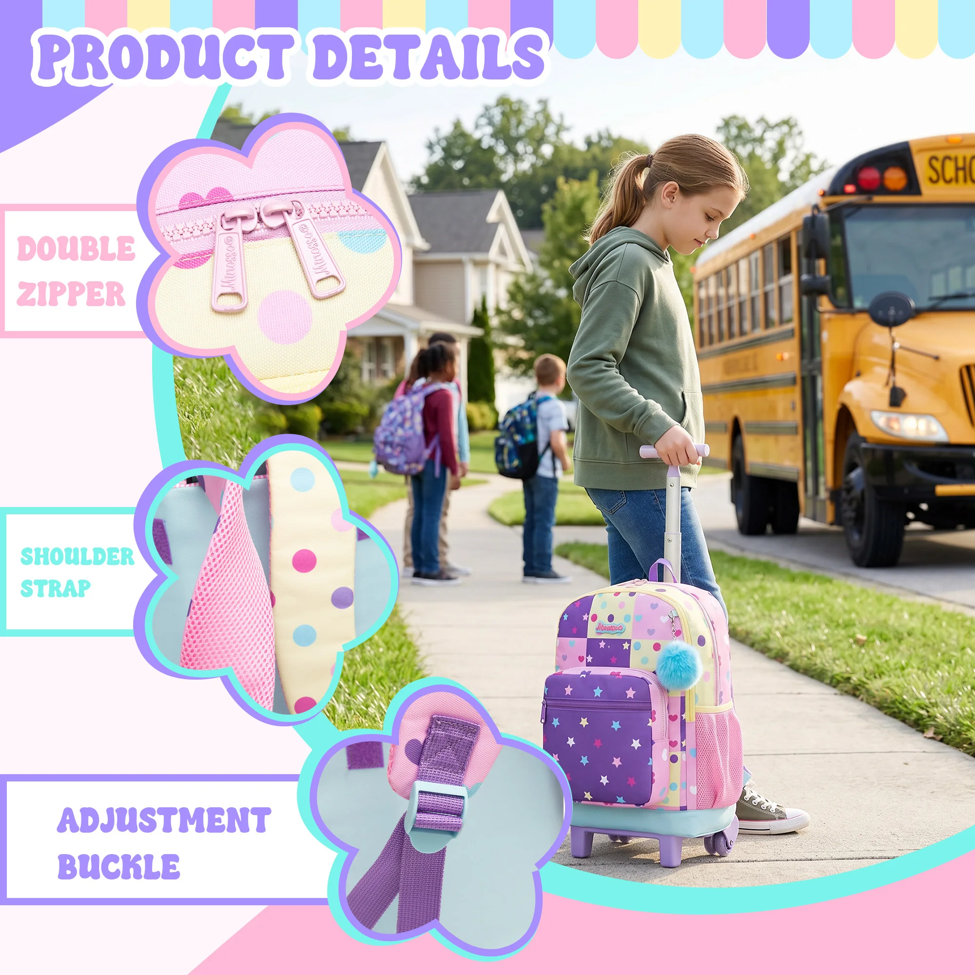 Rolling Backpack for Girls,Backpack with Wheels for Kids 8–12,Lightweight Wheeled School Backpack with Lunch Box,Cute Bookbag fo