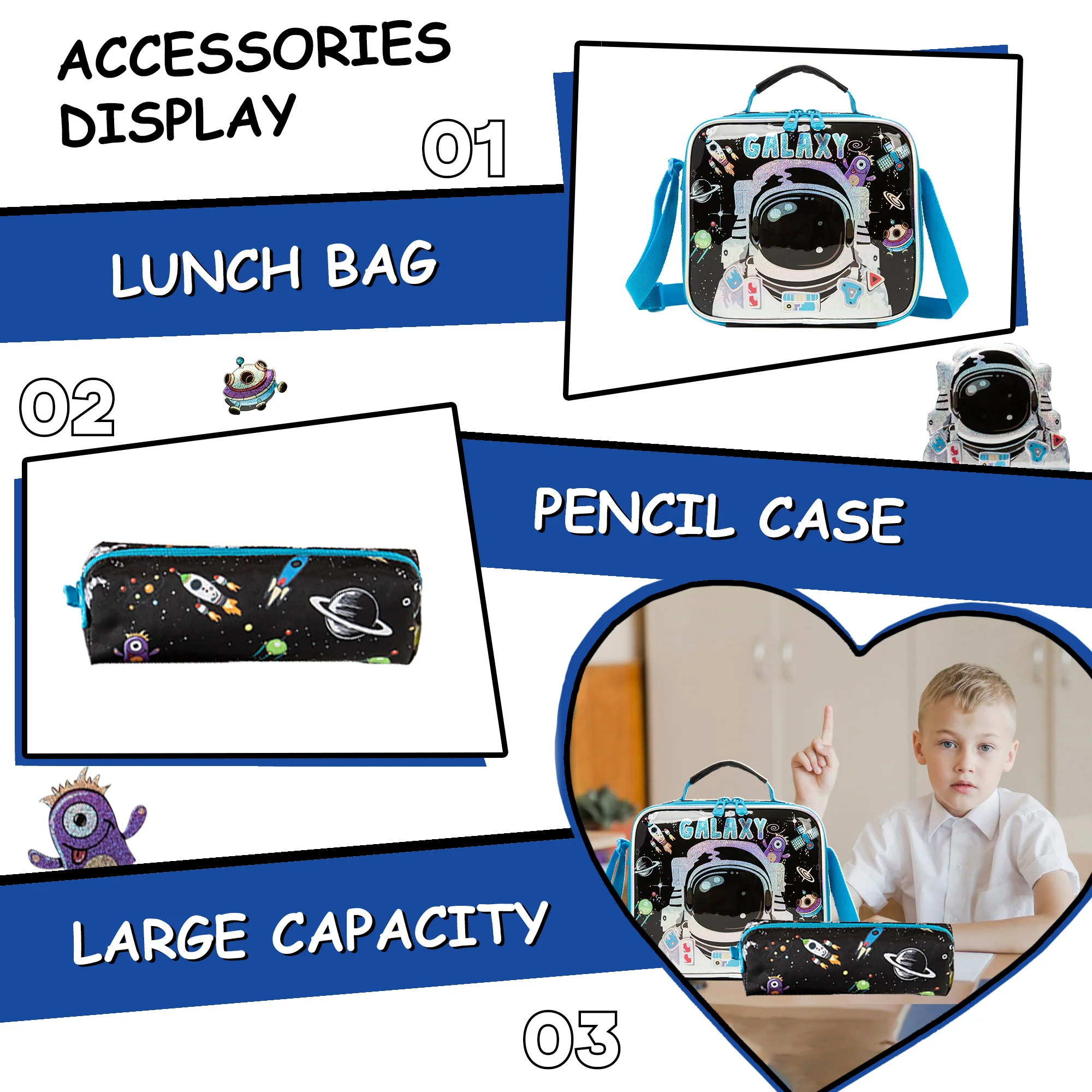 Boys Backpack Set with Lunch Box, School Travel Bookbag for Preschool & Elementary Kids Ages 8-10