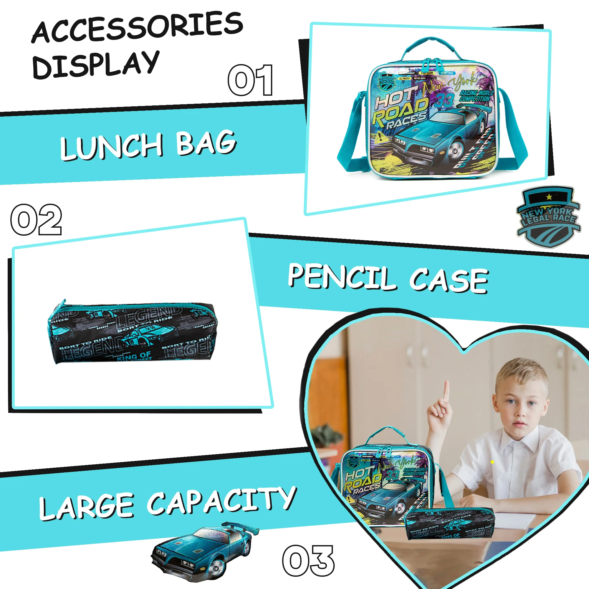 Boys Backpack Set with Lunch Box, School Travel Bookbag for Preschool & Elementary Kids Ages 8-10