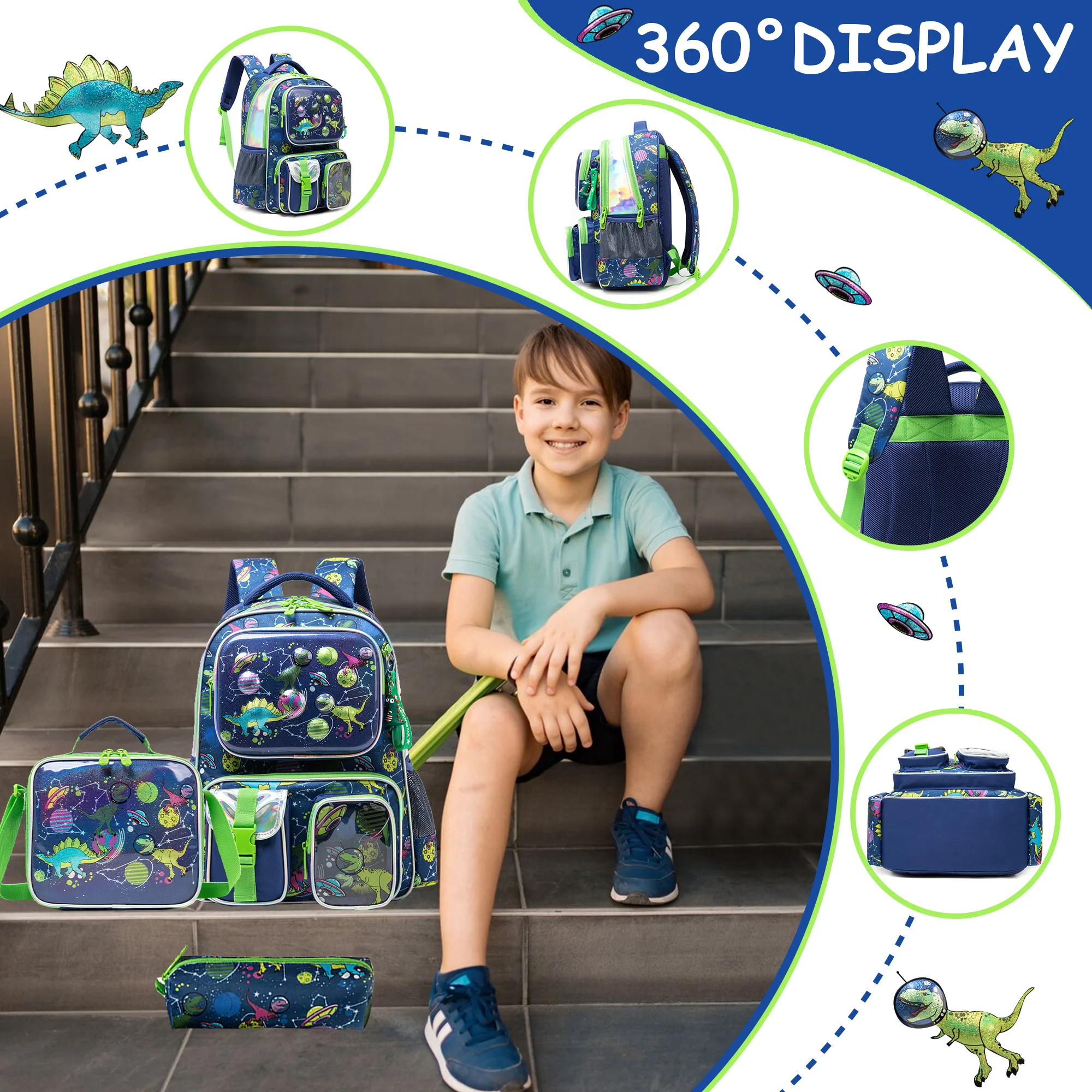 Boys Backpack Set with Lunch Box, School Travel Bookbag for Preschool & Elementary Kids Ages 8-10