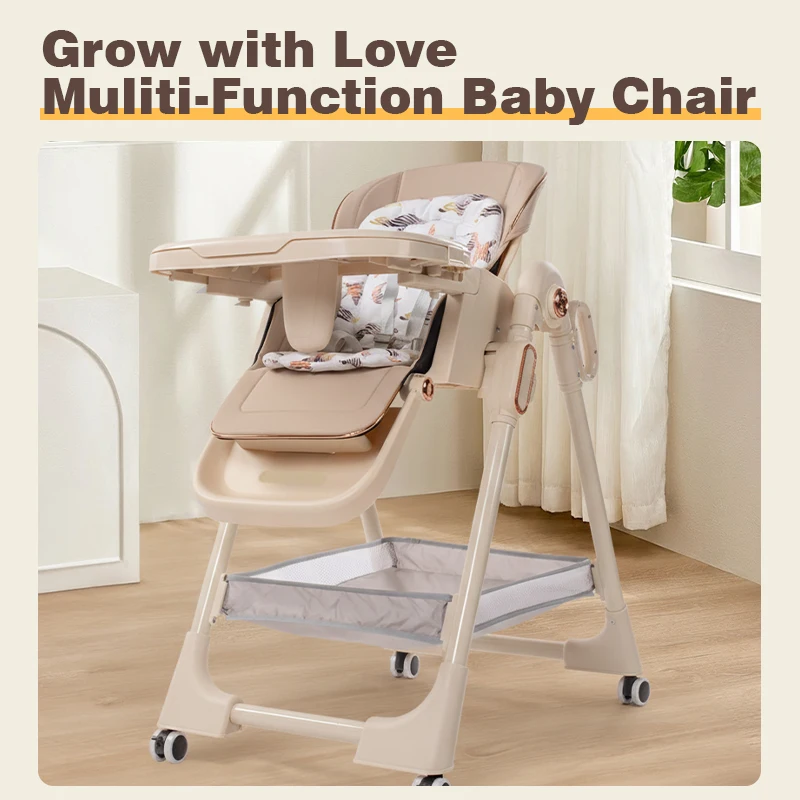Multi-Functional Baby High Chair with Adjustable Eating Tray, Convertible Infant Feeding Booster Seat, Pyramid Stable Frame with Omnidirectional Brake Wheels, Breathable Padded Cushion for Toddlers