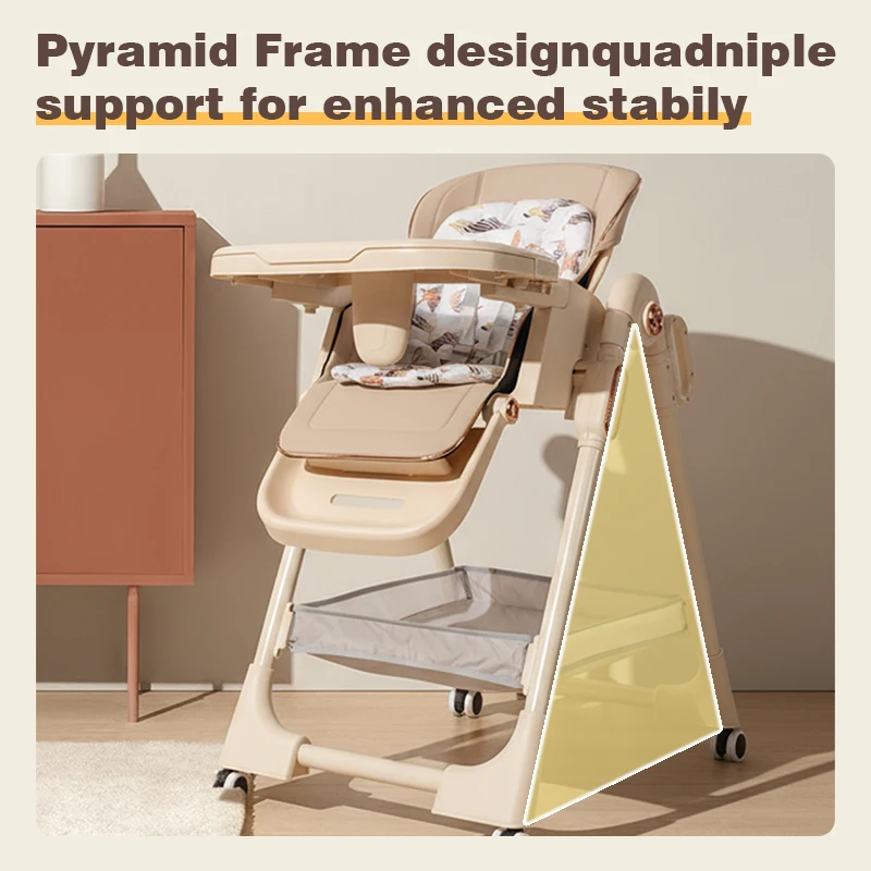 Multi-Functional Baby High Chair with Adjustable Eating Tray, Convertible Infant Feeding Booster Seat, Pyramid Stable Frame with Omnidirectional Brake Wheels, Breathable Padded Cushion for Toddlers