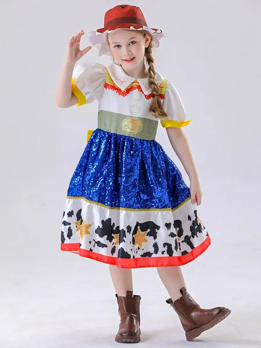 Kids Girls Cosplay Costume for Western Cowgirl Dress for Halloween Birthday Theme Party Outfit Cowboy Hat Scarf Sets