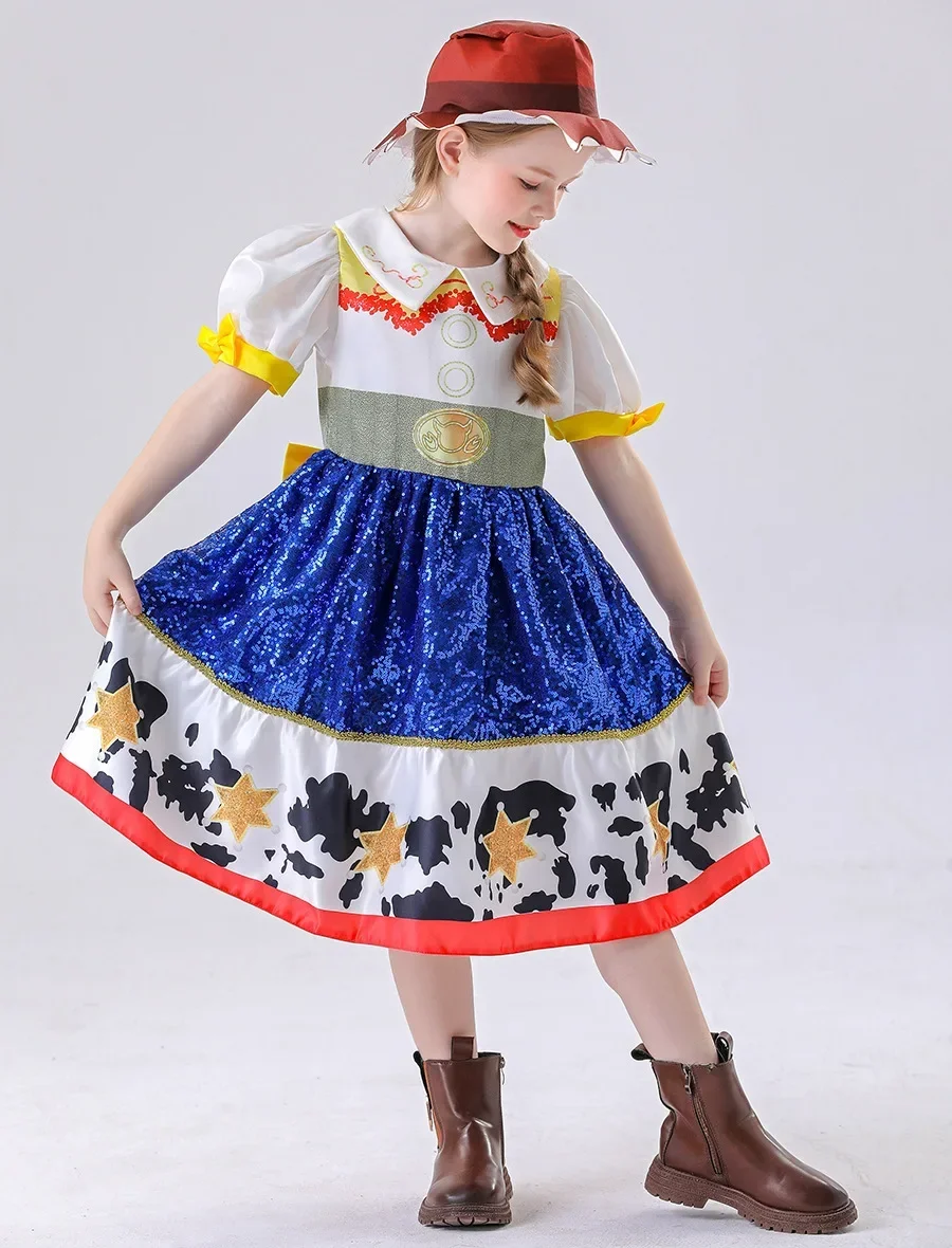 Kids Girls Cosplay Costume for Western Cowgirl Dress for Halloween Birthday Theme Party Outfit Cowboy Hat Scarf Sets