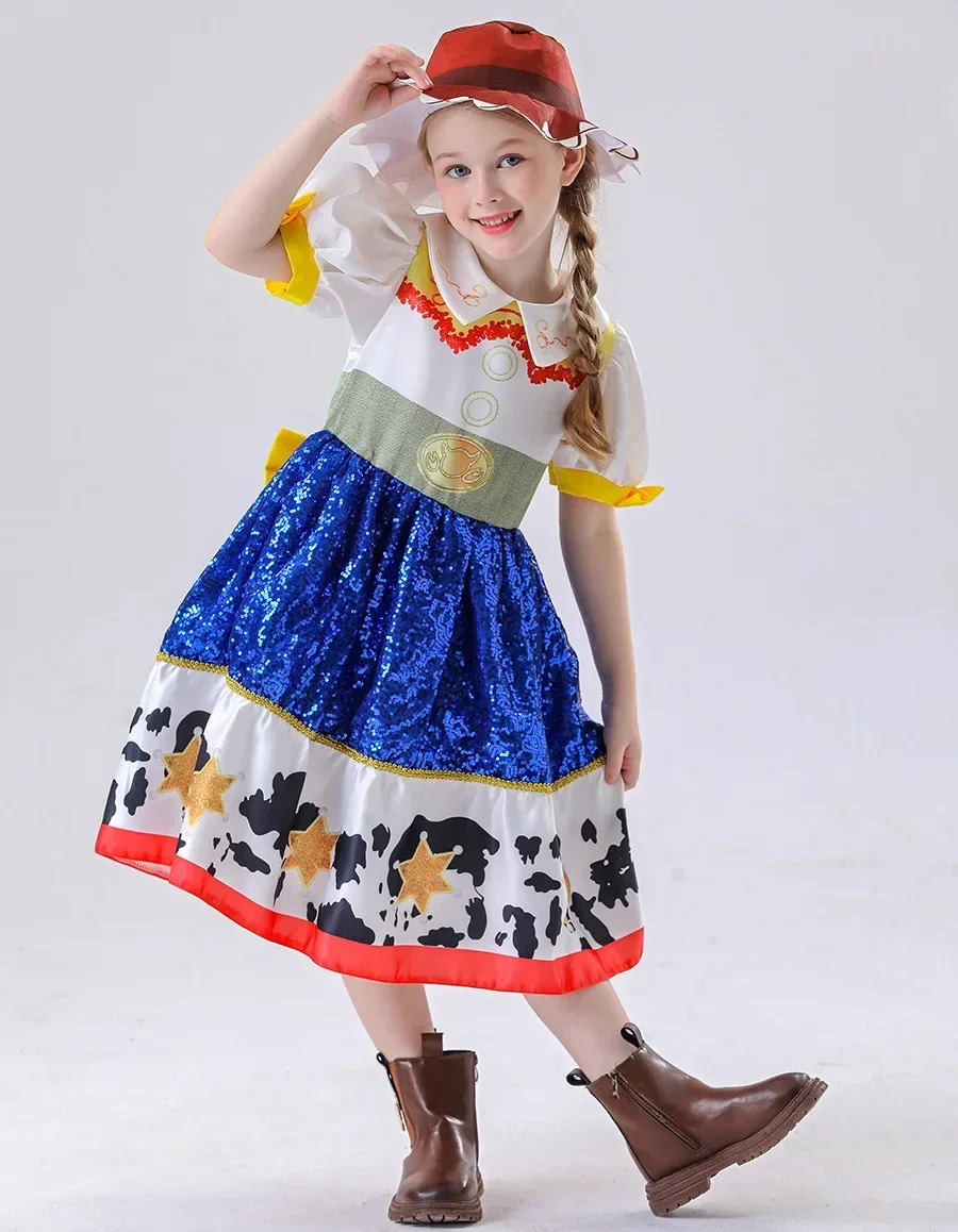 Kids Girls Cosplay Costume for Western Cowgirl Dress for Halloween Birthday Theme Party Outfit Cowboy Hat Scarf Sets