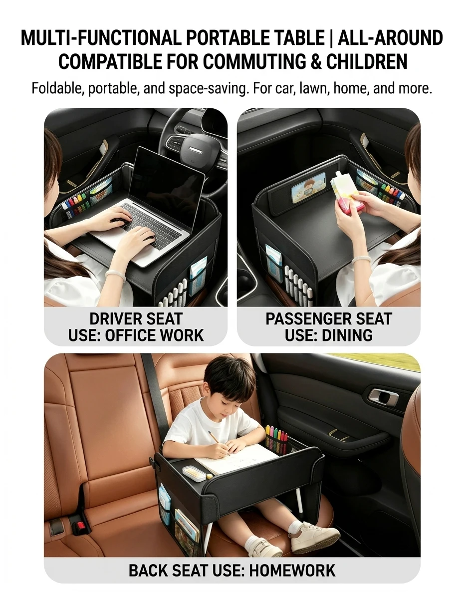 Foldable Car Table For Kids PU Leather Rear Seat Laptop Desk Ipad Table Non Slip Legs Kids Travel Dining Trays Accessories