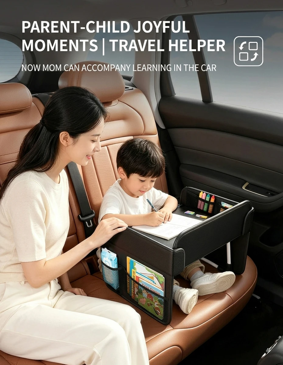 Foldable Car Table For Kids PU Leather Rear Seat Laptop Desk Ipad Table Non Slip Legs Kids Travel Dining Trays Accessories