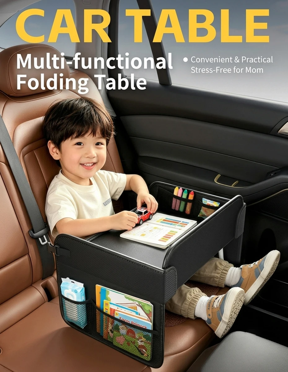 Foldable Car Table For Kids PU Leather Rear Seat Laptop Desk Ipad Table Non Slip Legs Kids Travel Dining Trays Accessories