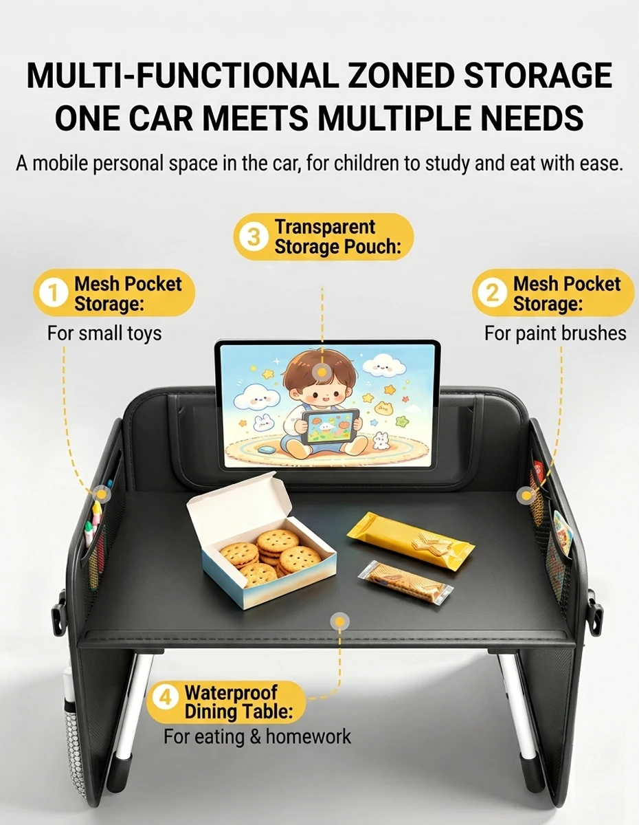 Foldable Car Table For Kids PU Leather Rear Seat Laptop Desk Ipad Table Non Slip Legs Kids Travel Dining Trays Accessories