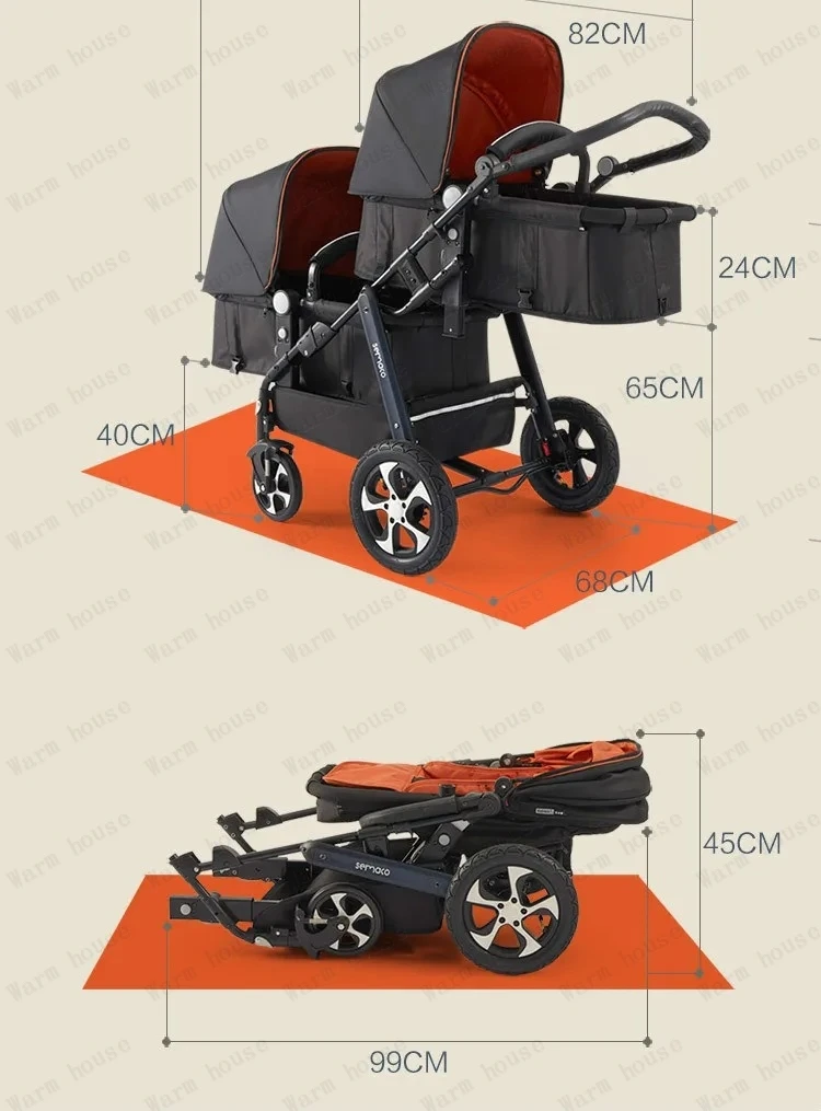Lightweight Twin Baby Stroller Foldable Double Baby Stroller for Two Children Shock-absorbing Twin Baby Stroller Four Wheel Cart