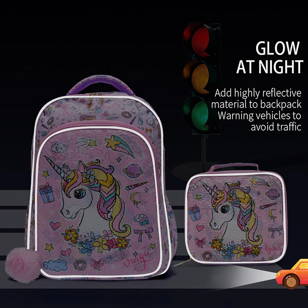 3PCS Kids Travel Bag, Luggage Bag, Bookbag, With Lunch Box And Pen Bag, Cute Cartoon Pink Unicorn Sequin, Nighttime Reflective