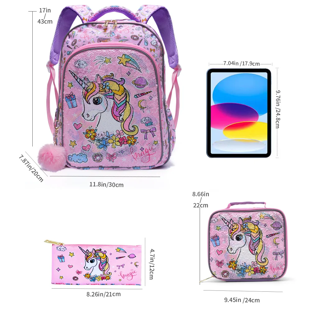 3PCS Kids Travel Bag, Luggage Bag, Bookbag, With Lunch Box And Pen Bag, Cute Cartoon Pink Unicorn Sequin, Nighttime Reflective