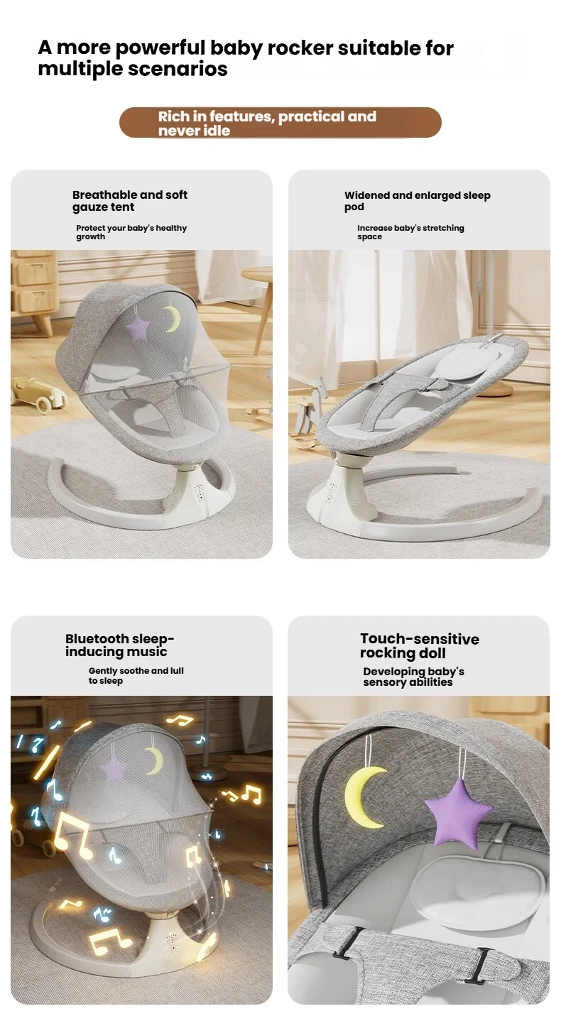 Electric Baby Swing and Smart Bouncer with Bluetooth Music, Automatic 5 Speed Motion Soothing Infant Rocker, Bionic Ergonomic Newborn Cradle Chair Seat with Adjustable Mosquito Net Shade Canopy and Hanging Plush Toys
