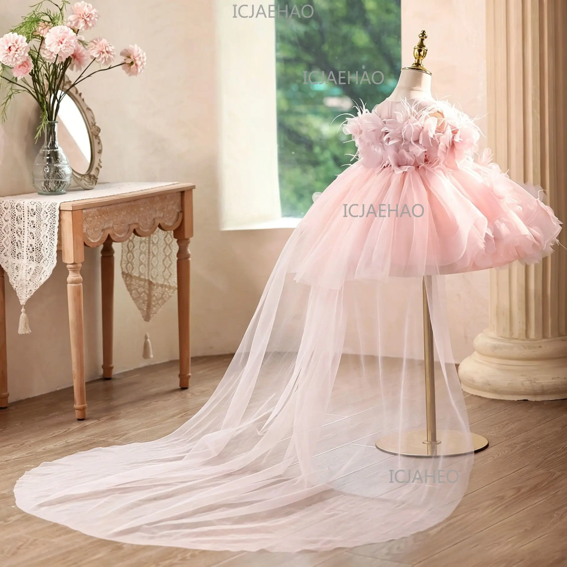 2026 Children Pink Floral Princess Gown Girls Tutu Sleeveless New Birthday First Party Gown Kids Piano Host Performance Costume