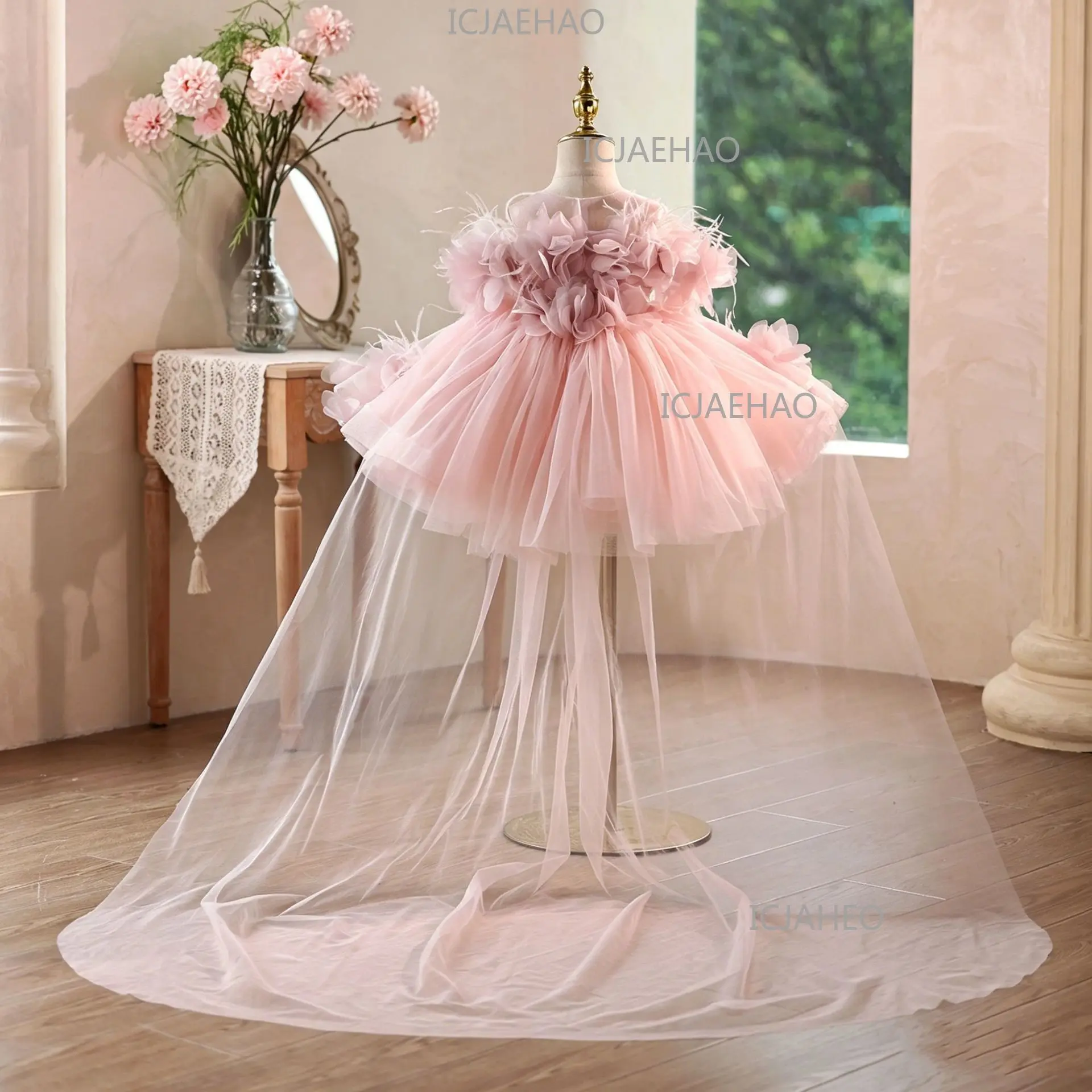 2026 Children Pink Floral Princess Gown Girls Tutu Sleeveless New Birthday First Party Gown Kids Piano Host Performance Costume
