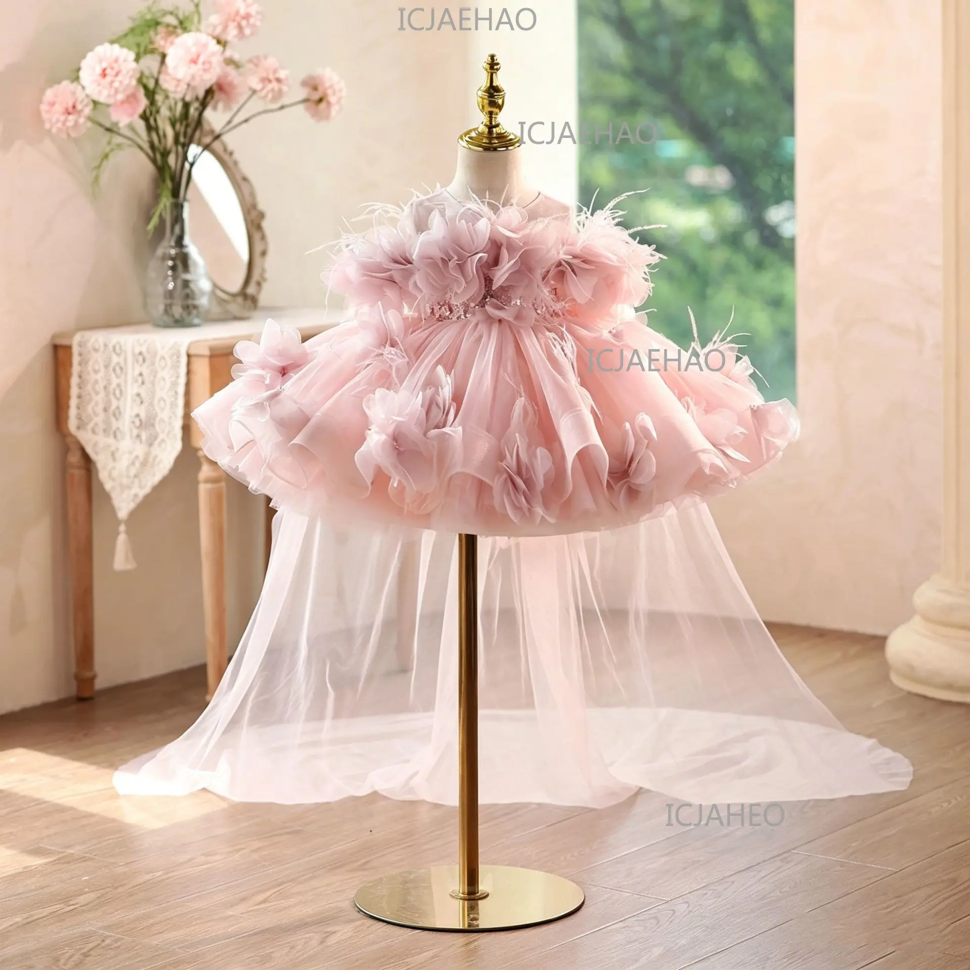 2026 Children Pink Floral Princess Gown Girls Tutu Sleeveless New Birthday First Party Gown Kids Piano Host Performance Costume
