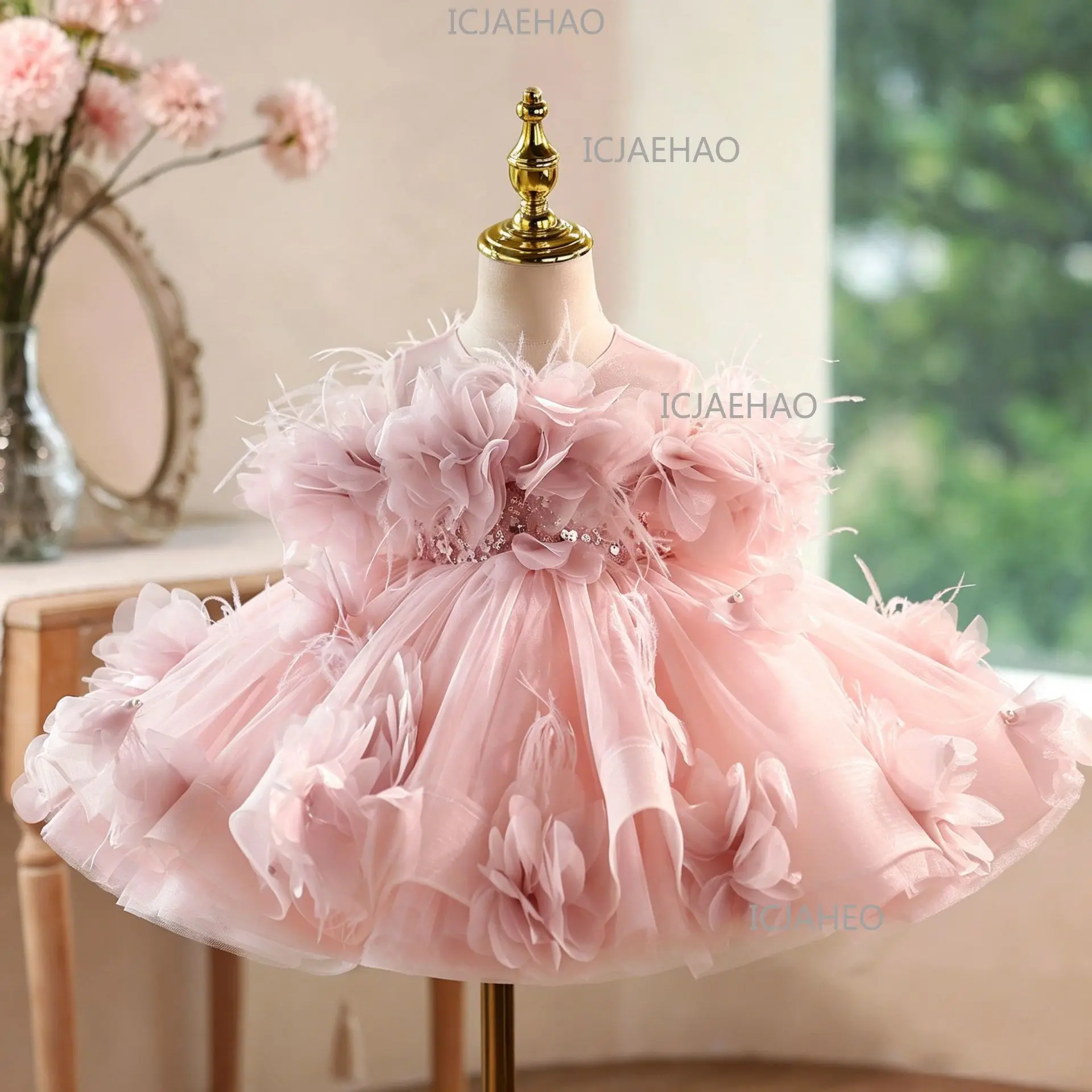2026 Children Pink Floral Princess Gown Girls Tutu Sleeveless New Birthday First Party Gown Kids Piano Host Performance Costume