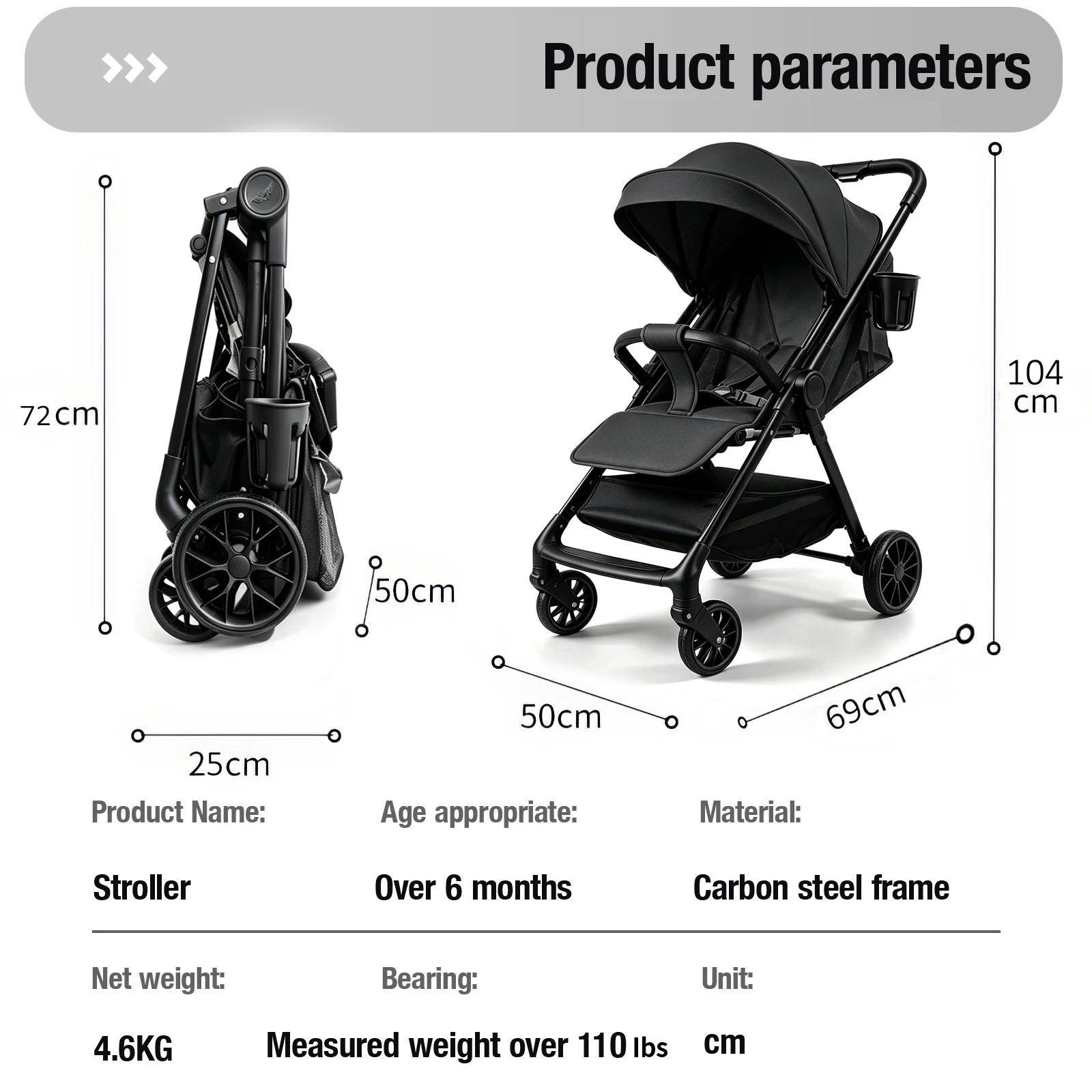 2 in 1 Foldable Stroller Compact Carbon Steel Frame 2 in 1 Baby Pushchair Lightweight Baby Stroller with Adjustable Footrest Breathable Canopy Rear Brakes and Compact Fold for Car Trunks Public Transport Daily Errands and Holidays