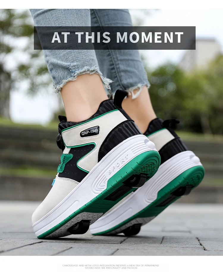 Kids Roller Skate Shoes 4 Wheels Rotary Buckle Mid Top Deformation Sneakers Outdoor Skating Shoes For Boys Girls Size 31-42