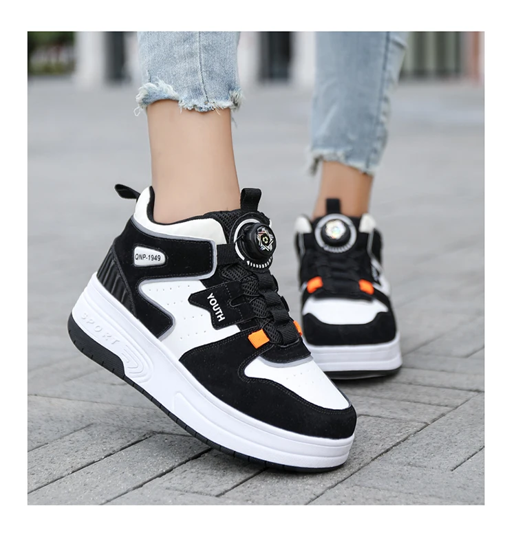 Kids Roller Skate Shoes 4 Wheels Rotary Buckle Mid Top Deformation Sneakers Outdoor Skating Shoes For Boys Girls Size 31-42