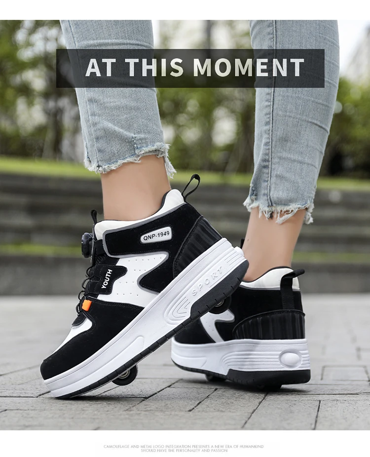 Kids Roller Skate Shoes 4 Wheels Rotary Buckle Mid Top Deformation Sneakers Outdoor Skating Shoes For Boys Girls Size 31-42