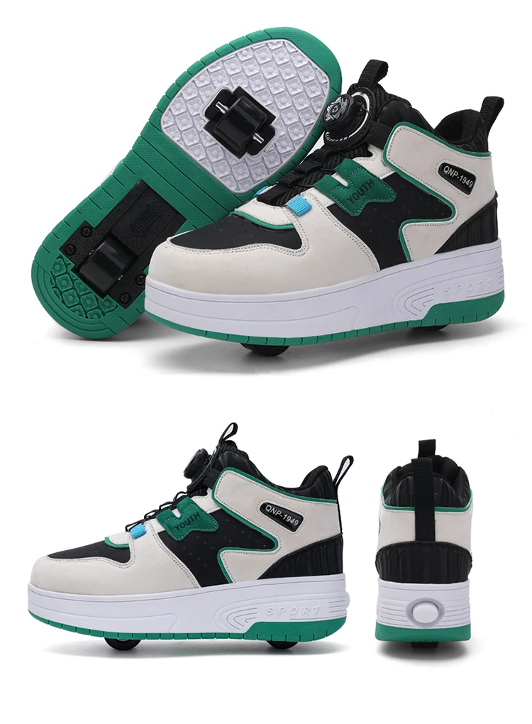 Kids Roller Skate Shoes 4 Wheels Rotary Buckle Mid Top Deformation Sneakers Outdoor Skating Shoes For Boys Girls Size 31-42