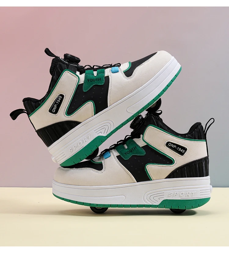 Kids Roller Skate Shoes 4 Wheels Rotary Buckle Mid Top Deformation Sneakers Outdoor Skating Shoes For Boys Girls Size 31-42