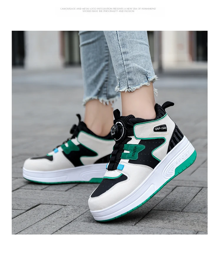 Kids Roller Skate Shoes 4 Wheels Rotary Buckle Mid Top Deformation Sneakers Outdoor Skating Shoes For Boys Girls Size 31-42