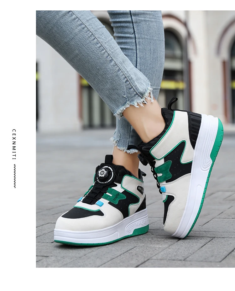 Kids Roller Skate Shoes 4 Wheels Rotary Buckle Mid Top Deformation Sneakers Outdoor Skating Shoes For Boys Girls Size 31-42