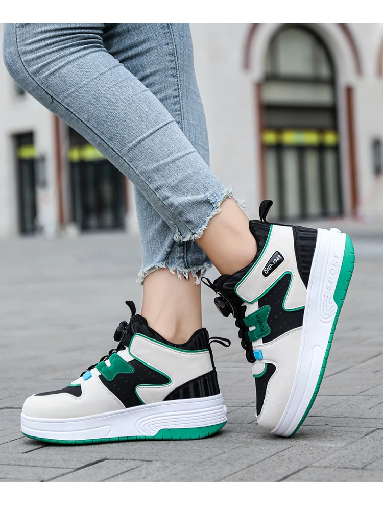 Kids Roller Skate Shoes 4 Wheels Rotary Buckle Mid Top Deformation Sneakers Outdoor Skating Shoes For Boys Girls Size 31-42