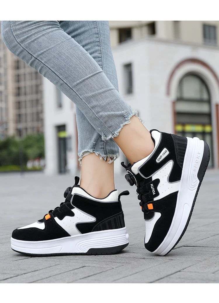 Kids Roller Skate Shoes 4 Wheels Rotary Buckle Mid Top Deformation Sneakers Outdoor Skating Shoes For Boys Girls Size 31-42