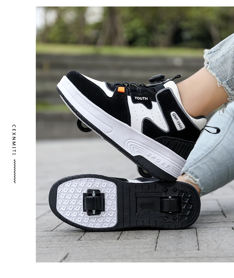 Kids Roller Skate Shoes 4 Wheels Rotary Buckle Mid Top Deformation Sneakers Outdoor Skating Shoes For Boys Girls Size 31-42
