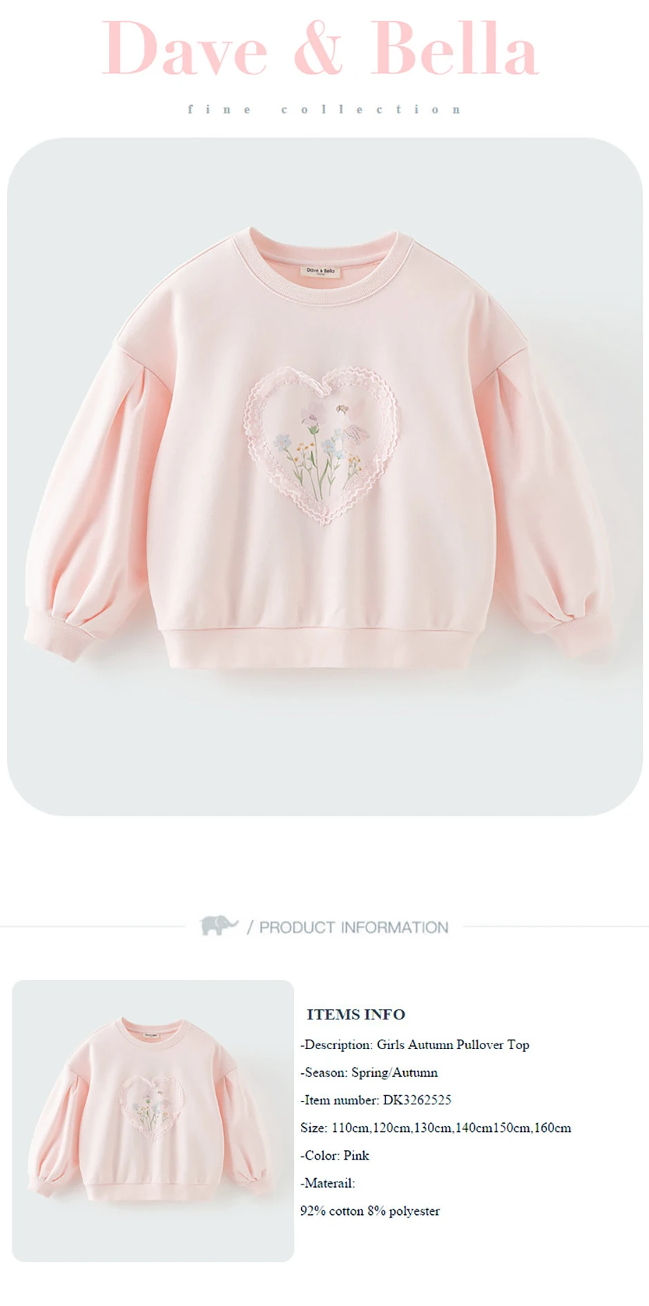 Dave Bella Girls Long Sleeve Pink Pullover 7-13 Years Children Autumn Spring Sweatshit Sweet Outdoor Floral Hoodies DK3262525
