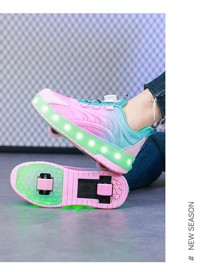 Two Wheels Children's LED Light-Up Roller Skate Shoes Breathable Mesh Kids Boys Girls Glowing Sport Luminous Sneakers Size 29-38