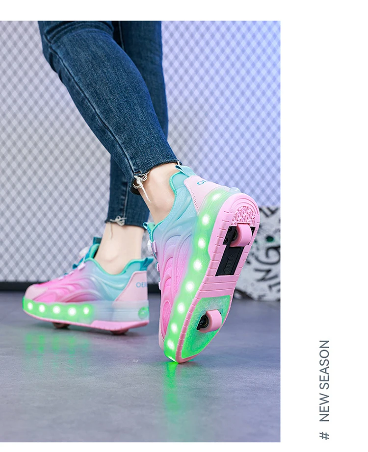 Two Wheels Children's LED Light-Up Roller Skate Shoes Breathable Mesh Kids Boys Girls Glowing Sport Luminous Sneakers Size 29-38