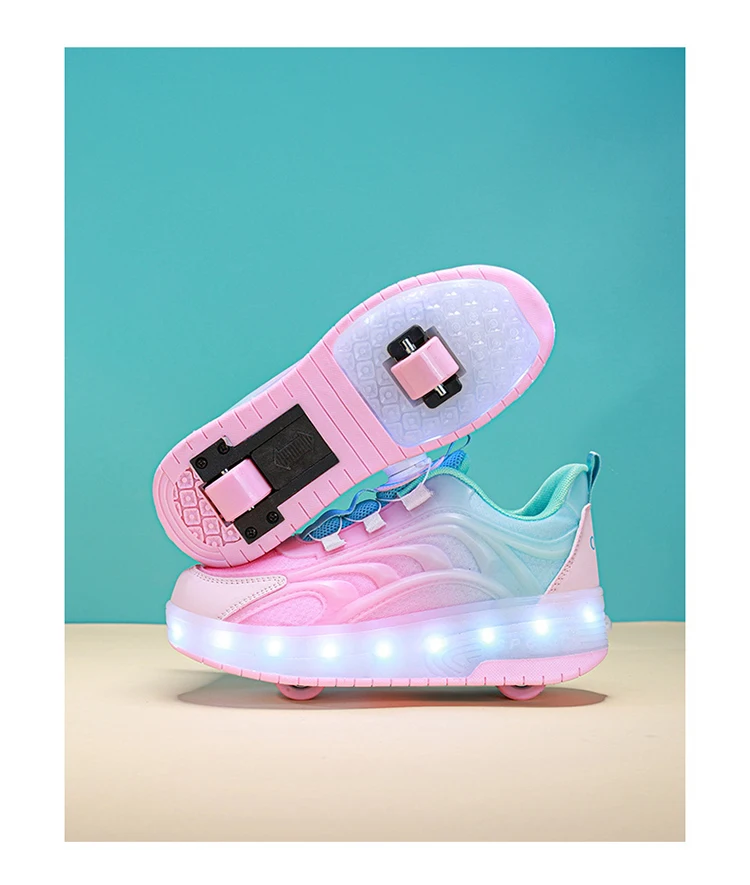 Two Wheels Children's LED Light-Up Roller Skate Shoes Breathable Mesh Kids Boys Girls Glowing Sport Luminous Sneakers Size 29-38